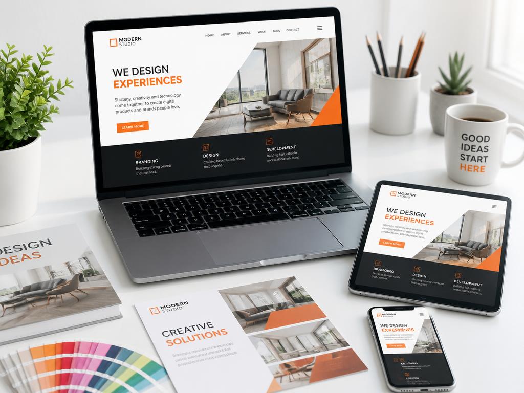Website design shown on a laptop, tablet and phone beside printed brochures